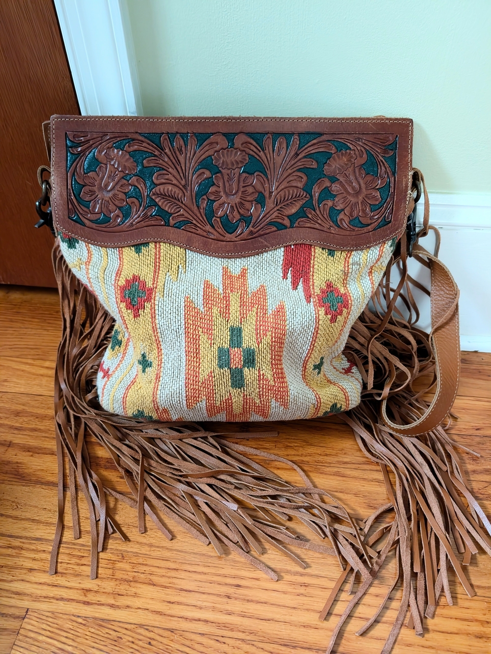 Myra Bag Woven Fringe Boho Southwestern Purse with Brown Leather Trim